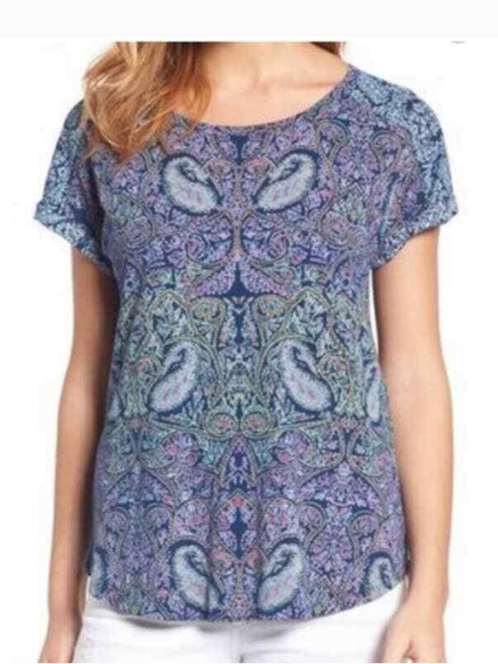 Lucky Brand Paisley Boho Women Top S Blue Floral Shirt Short Sleeve Tee bohemian